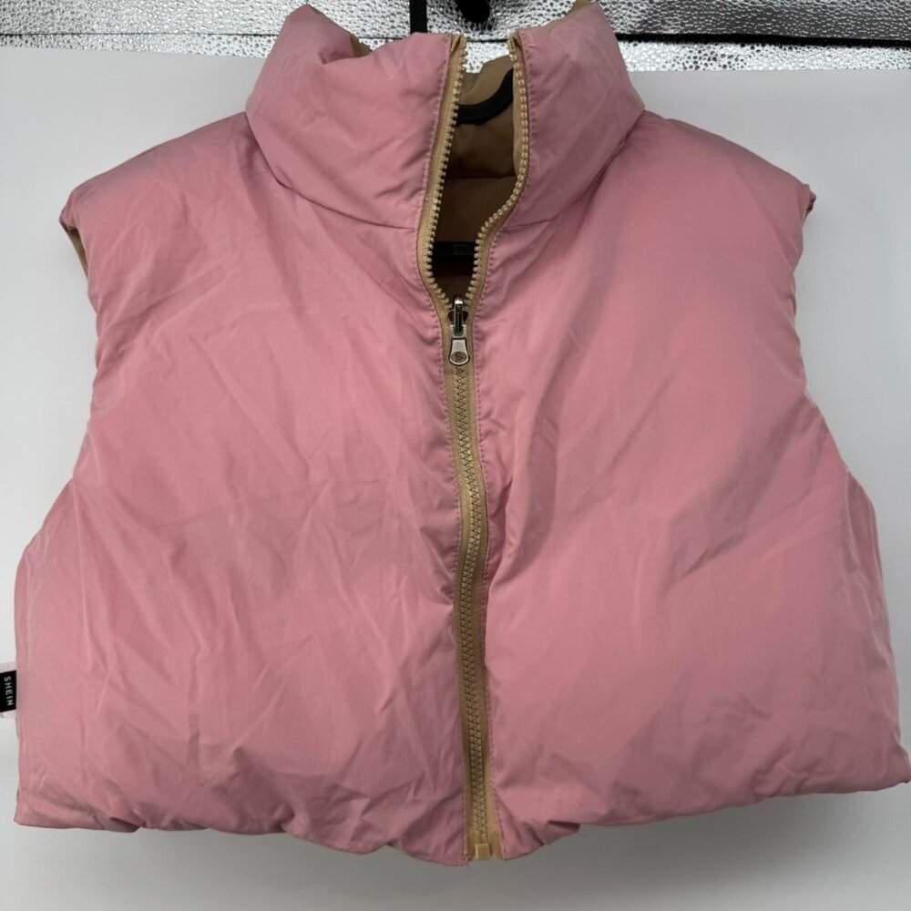 Reversible Puffer Vest Women’s Beige Pink – Lightweight Warm Sleeveless Jacket M - Picture 2 of 5